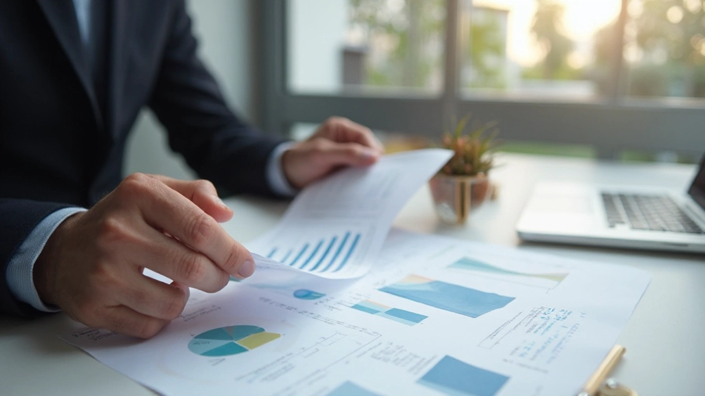 Profissional de negócios analisando gráfico de portfólio de investimento em escritório moderno