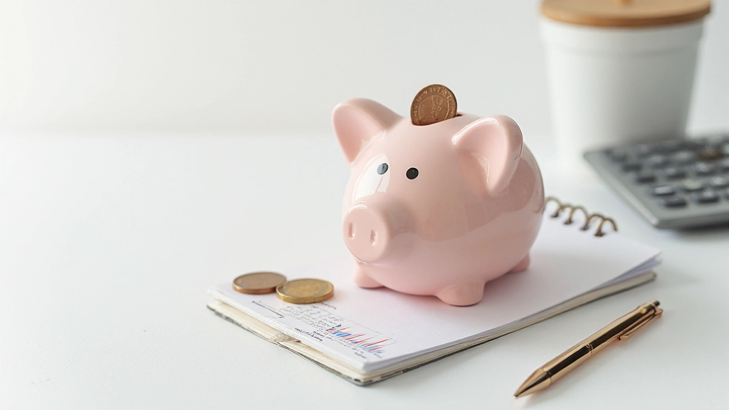 Imagem de close-up de mealheiro com moedas e caderno de planejamento financeiro